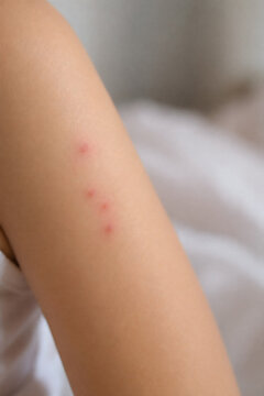 Close-up of red insect bites in a row on forearm