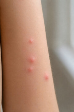 Multiple red bug bites in a line on human arm