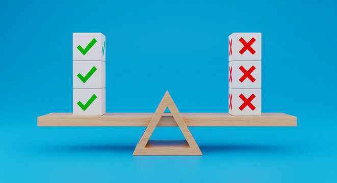 Balance scale weighing green checkmarks against red X marks, representing pros and cons in a critical decision