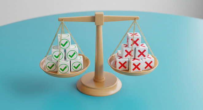 Balance scale weighing green checkmarks against red X marks, representing pros and cons in a critical decision