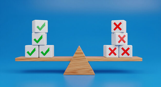 Balance scale weighing green checkmarks against red X marks, representing pros and cons in a critical decision