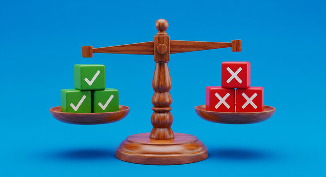 Balance scale weighing green checkmarks against red X marks, representing pros and cons in a critical decision