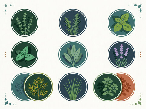 Botanical herb labels collection featuring flat vector badges of green garden plants