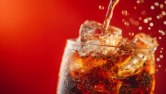 Coke poured into a glass with ice cubes in slow motion on a red background, lots of bubbles in glass, close up Food background
