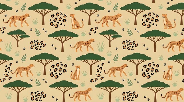 Seamless african savanna pattern with cheetahs and acacia trees