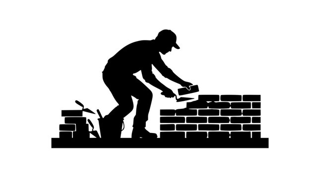 silhouette of a bricklayer building a brick wall with a trowel