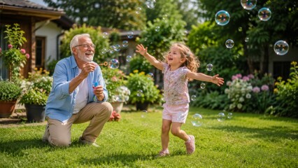 Fototapeta premium Grandfather and Granddaughter Playing with Soap Bubbles in Sunny Garden