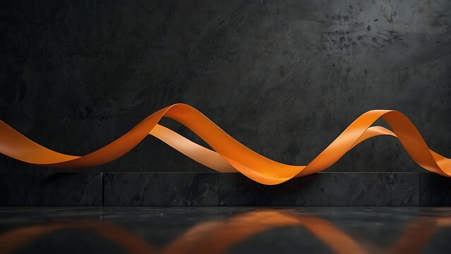 Elegant smooth flowing orange ribbon wave sculpture placed on dark textured concrete and stone background for abstract creative design and decorative concept presentations