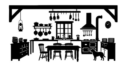 Fototapeta premium Silhouette of a rustic farmhouse kitchen interior with furniture and dog