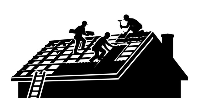 Silhouette of construction workers installing shingles on a residential roof