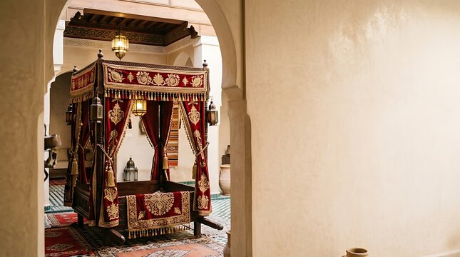Traditional ornate moroccan canopy bed in a historic riad interior