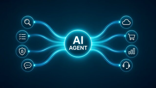 Elegant glowing circular artificial intelligence agent node connecting various digital services like cloud storage and customer support.