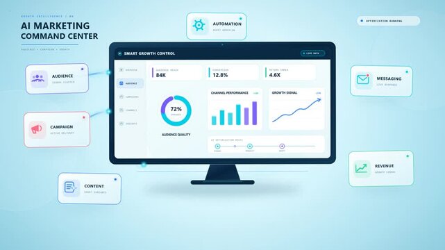 Marketing analytics dashboard on computer monitor with audience growth automation and campaigns