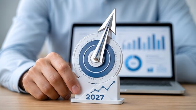 Executive setting 2027 business direction with 3D arrow compass target and financial growth charts