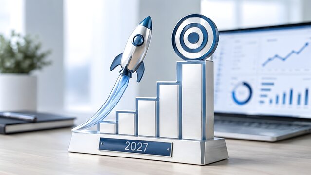 Silver 3D rocket flying over rising financial bar charts towards target bullseye for 2027 business success