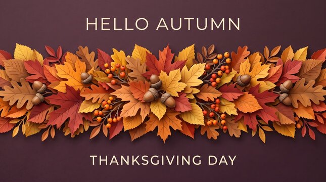 Autumn leaves and acorns border for fall season and thanksgiving celebrations