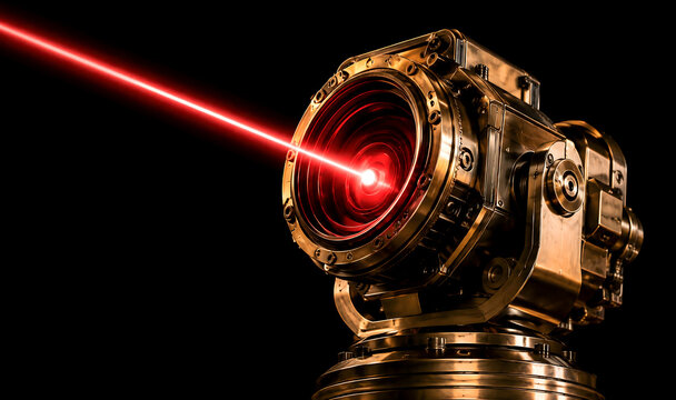 Retro-futuristic brass weapon firing red laser beam, steampunk sci-fi concept
