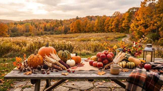 Autumn harvest still life pumpkins apples and fall foliage scene