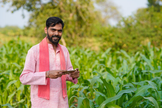 Indian farmer using smartphone at corn agriculture field
