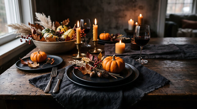 Cozy autumn table setting with pumpkins, candles, and fall decorations.