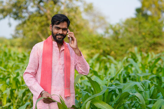 Indian farmer talking on mobile phone at corn agriculture field