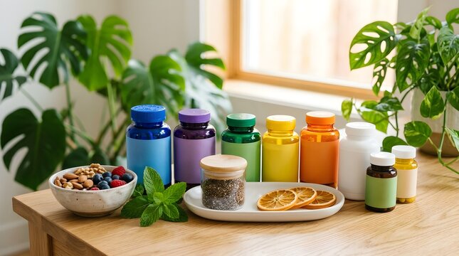 Wellness still life colorful vitamin bottles fresh fruits nuts and herbs on wooden surface
