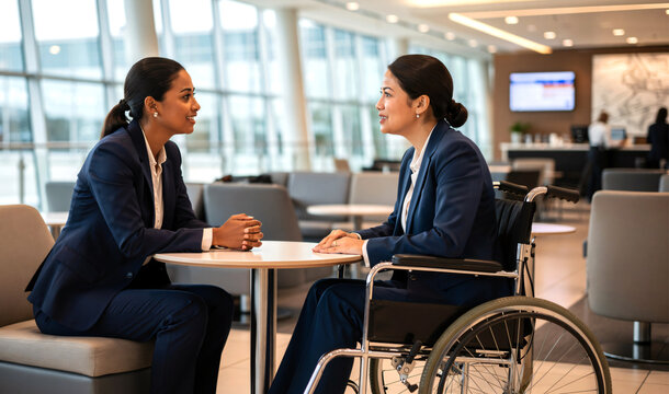 Businesswoman talking with colleague in wheelchair at airport lounge, professional conversation, soft lighting, modern terminal background, high resolution, inclusive workplace and travel concept.
