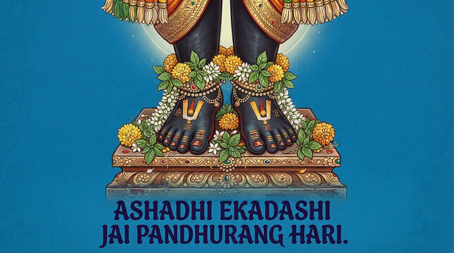 Artistic illustration of the divine lotus feet of Lord Vitthal with yellow tilak, anklets, and fresh marigold flowers for Ashadhi Ekadashi celebrations against a blue backdrop.