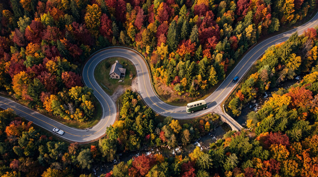 Top down view of winding road wrapping around cozy chalet cabin in autumn. Scenic serpentine S curve asphalt highway with bus through colorful fall forest valley, road trip background
