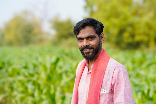 Indian farmer standing confidently at corn agriculture field