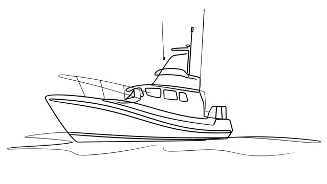 Fishing boat line drawing white background.