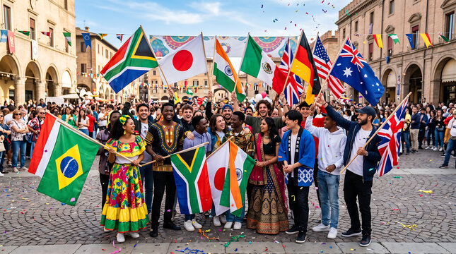 Diverse Group of Young International Students Celebrating with World Flags in City Square