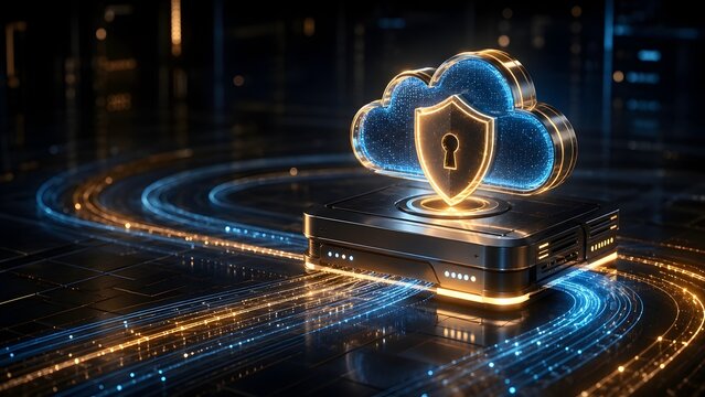 Glowing digital cloud with security shield and keyhole on modern server base with high speed fiber optic data trails