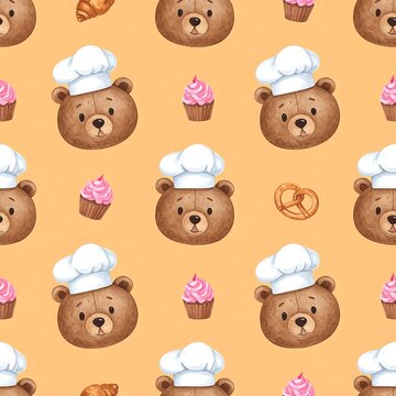 Teddy bear chef with croissants pretzels and pink cupcakes seamless pattern