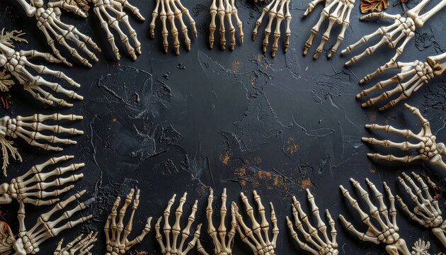 Circle of Skeleton Hands Surrounding Empty Blackboard.