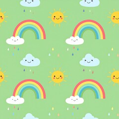 Obraz premium Cute pastel rainbow and smiling sun seamless pattern for nursery design