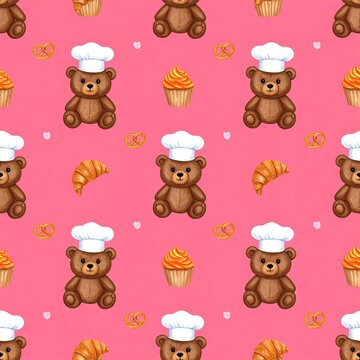 Teddy bear chef with croissants pretzels and pink cupcakes seamless pattern
