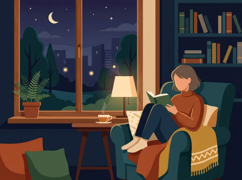 Cozy Woman Reading a Book in an Armchair by a Night Window at Home
