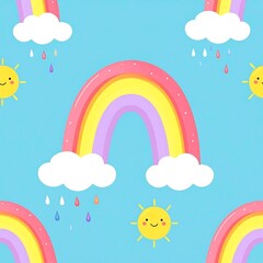 Obraz premium Cute pastel rainbow and smiling sun seamless pattern for nursery design