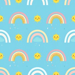 Obraz premium Cute pastel rainbow and smiling sun seamless pattern for nursery design
