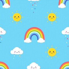 Obraz premium Cute pastel rainbow and smiling sun seamless pattern for nursery design