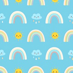 Obraz premium Cute pastel rainbow and smiling sun seamless pattern for nursery design