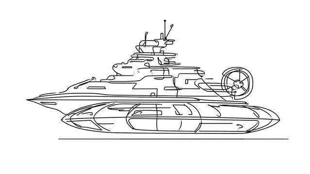Futuristic military tank line art white background.