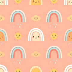 Obraz premium Cute pastel rainbow and smiling sun seamless pattern for nursery design