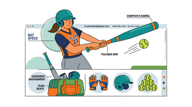 Softball Player Performance Data and Sports Equipment Illustration