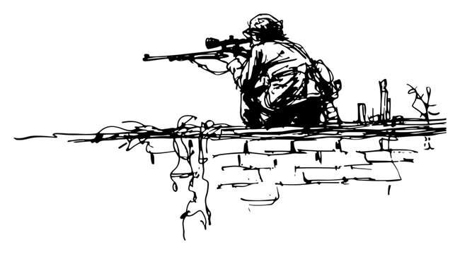 Sniper aiming rifle from defensive wall position in dramatic hand drawn ink sketch style