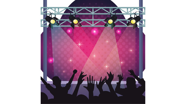 A lively vector illustration showing a concert stage illuminated by colorful spotlights with an enthusiastic cheering crowd. Ideal for festival promotions, nightlife events, music posters. 