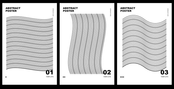 Set of three abstract posters with black and white wavy line patterns, modern minimalist design templates. Vector illustration.