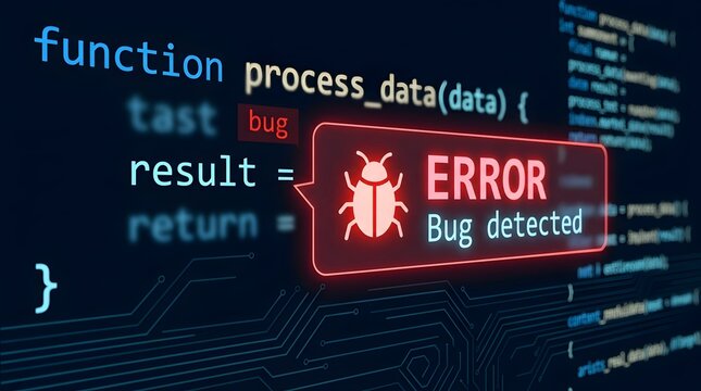 Software bug detected alert with glowing red error message over programming code background for cybersecurity and system failure concepts