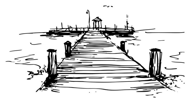 Wooden pier extending into the calm sea in hand drawn sketch style
